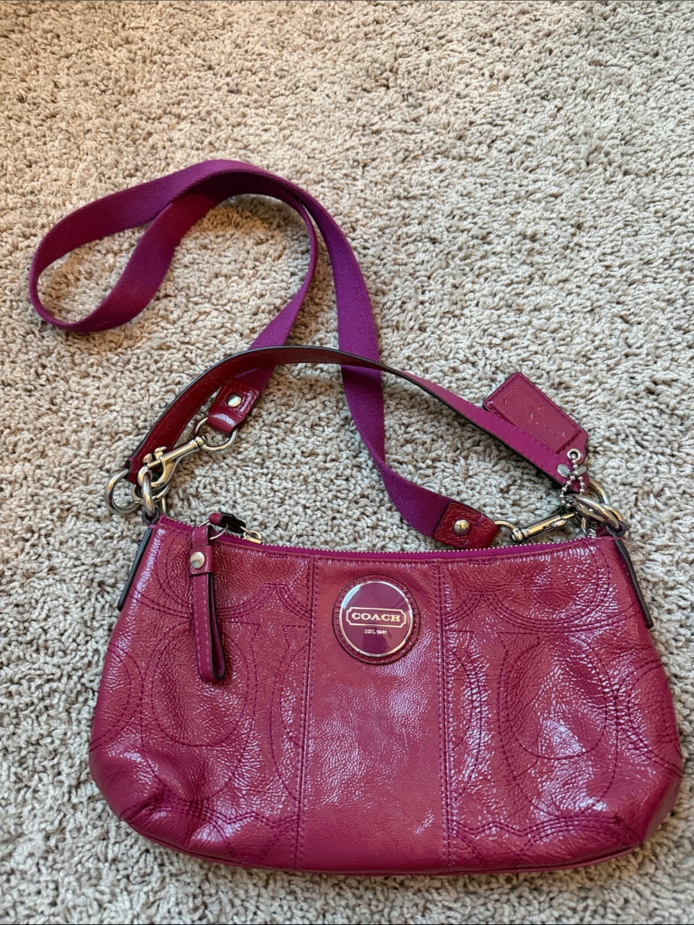 Coach Dark Magenta Leather Crossbody Bag with Signature Patch